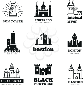Medieval castle and knight fortress vector ancient royal logo set. Fairytale fortress logo, historical royal building citadel illustration