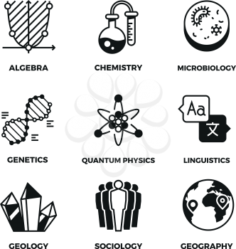 Science vector pictograms. Genetics and algebra, chemistry and biology, geography and sociology, linguistics and quantum physics symbols. Mathematics and globe, studying physics and geography illustration