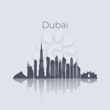 Dubai city modern buildings silhouette vector skyline. Uae emirates landmark cityscape. Building cityscape architecture, illustration of uae city silhouette