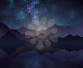 Nature night vector background with starry sky, mountains and water surface. Landscape and mountain with cosmos starlight sky illustration