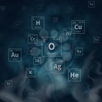 Scientific vector background with chemical elements symbols and white smoke. Scientific chemistry molecular atomic helium and copper, oxygen and hydrogen, gold and silver illustration