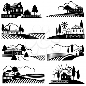 Vintage countryside landscape with farm scene. Vector backgrounds in woodcut style. Landscape vintage farm, countryside scene illustration