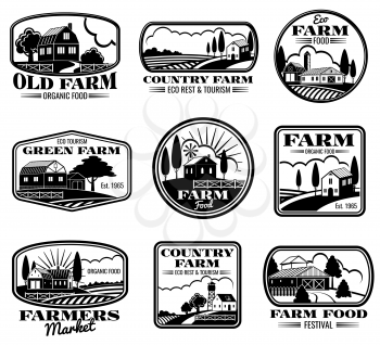 Vintage farm marketing vector logos and labels set. Eco farm and country farm production illustration