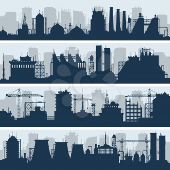 Industrial vector skylines. Modern factory and works building silhouettes. Urban industry factory and plant structure illustration