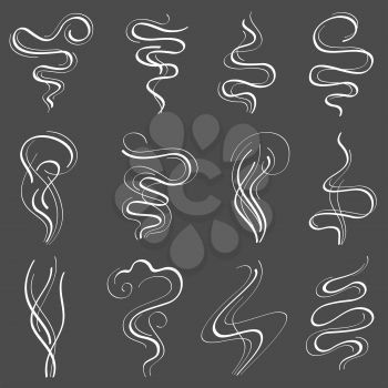 Smoke steam vector set. Smell and fumes line icons isolated on white. Linear smell smoke from cigarette illustration