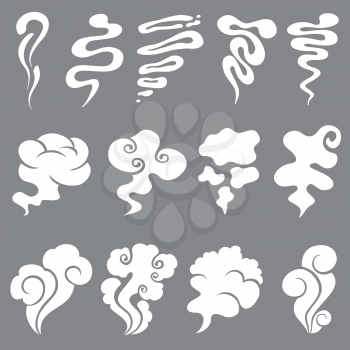 Cartoon smoke and dust clouds. Comic puff and steam vector set. Comic white stench aroma or smell illustration