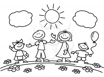 Hand drawn stick figure happy family. Drawing sketch family parents with children. Vector illustration