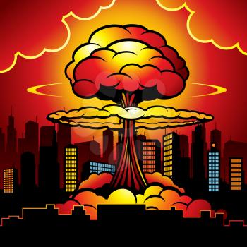 Burning city with nuclear explosion of atomic bomb. Cartoon vector illustration. Atomic bomb destruction, nuclear radioactive power