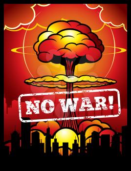 Vintage no war vector poster with explosion of atomic bomb and nuclear mushroom. World armageddon background with mushroom bomb nuclear illustration
