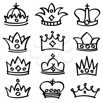 Luxury doodle queen crowns vector sketch collection. King crown and imperial doodle crown illustration