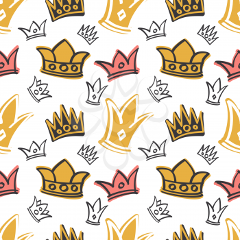 Cute princess birthday vector seamless pattern with pink and gold crowns. Background with majestic crown queen illustration