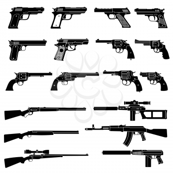 Gun and automatic weapon vector icons. Military combat firearms pictograms. Gun and automatic weapon, rifle and firearm, vector illustration