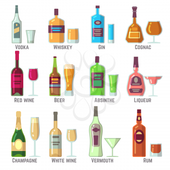 Alcoholic drinks in bottles and glasses flat vector icons set. Alcohol drink beverage illustration
