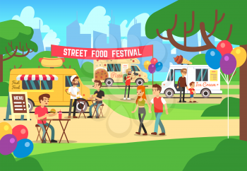 Cartoon street food festival with people and trucks vector background. Street food festival and market illustration