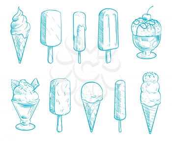 Doodle ice cream cones vector set. Hand drawn cartoon ice creams. Summer food cartoon, dessert ice cream cone illustration