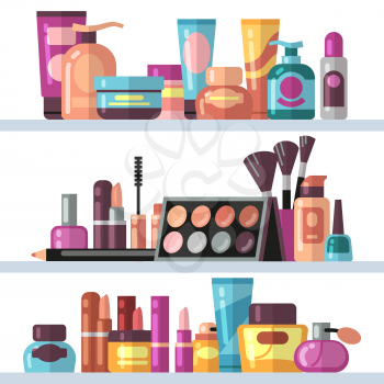 Cosmetic bottles on store shelves. Woman beauty and care vector concept. Care and beauty cosmetic cream product illustration
