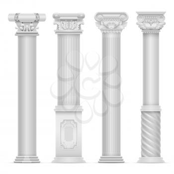 Realistic white antique roman column vector set. Building stone columns. Antique building architecture column illustration