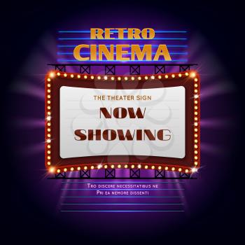 Retro hollywood cinema 3d glowing light sign. Movie light display billboard vector illustration. Retro cinema billboard event