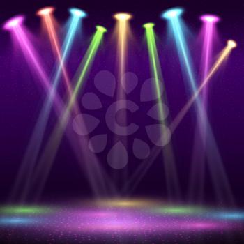 Modern interior of nightclub with empty show stage and color spot lights vector illustration. Interior of night stage club, nightclub with beam