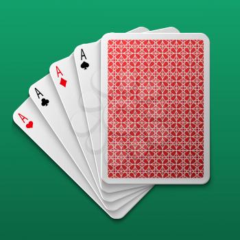 Four aces poker playing card on game table. Casino big win gamble vector background. Combination ace for play game poker illustration