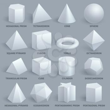 Realistic white basic 3d shapes vector set. Geometry form for education illustration. Hexagonal and prism, tetrahedron and cone, sphere and pyramid