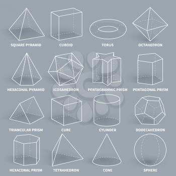 Abstract 3d math geometric outline shapes vector set. Geometry figure graphic pyramid and cuboid, torus and octahedron illustration