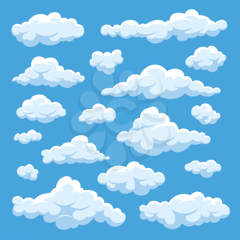 Fluffy white cartoon clouds in blue sky vector set. Cloudy day heaven. Cartoon cloudy fluffy illustration