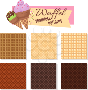 Ice cream waffel cone seamless vector patterns. Set of waffle pattern for ice cream illustration