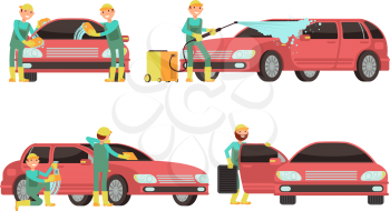 Washing car services vector concepts with cars and cleaners. Cleaner wash car with foam and soap illustration
