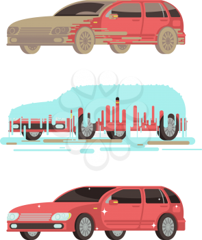 Dirty and clean shine car. Washing stages vector set. Car clean and dirty illustration
