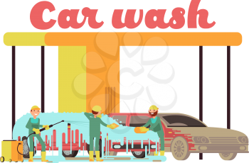 Car wash services promotional marketing vector background. Car service station, automobile engine illustration
