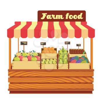 Market wood stand with farm food and vegetables in box vector illustration. Wood market stand with fresh organic fruits
