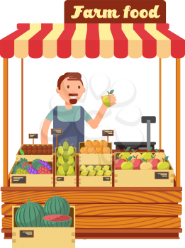 Fruit and vegetable market shop stand with happy young farmer character flat vector illustration. Farm market with fruits, character man seller farm food
