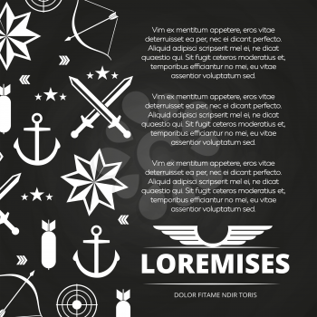 Blackboard poster design with swords, anchor, arrow for army or navy. Vector illustration