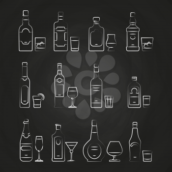 Alcoholic drinks line icons - white drinks icons on chalkboard. Drawing alcohol, vector illustration