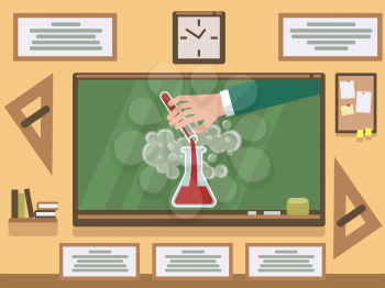 Chemical experiment on chalkboard in classroom. Experiment chemistry, science chemical research. Vector illustration