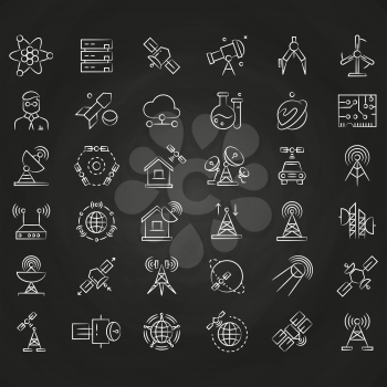 Science and orbit communication thin line icons on chalkboard. Rocket and satellite, antenna and router, vector illustration