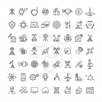 Science, technologies and satellite line icons collection. Line planet and spaceship illustration