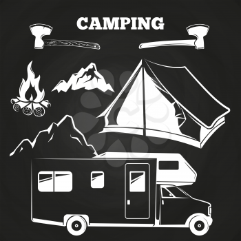 Camping or hiking vintage elements on chalkboard. Adventure badge illustration vector