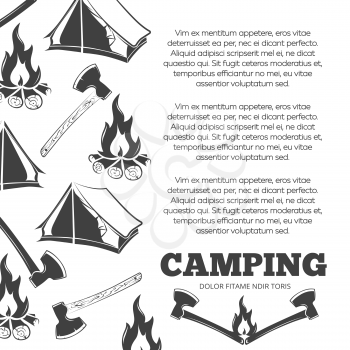 Camping poster with fire, axes, tent. Summer adventure banner design, vector illustration