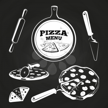 Vintage pizza elements for labels and design on chalkboard