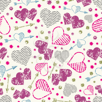 Romantic seamless pattern with grunge hearts and arrows. Vector illustration