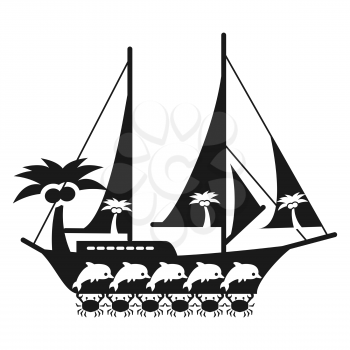 Black and white sea travel concept with ship, crabs, palm tree and dolphins. Vector illustration