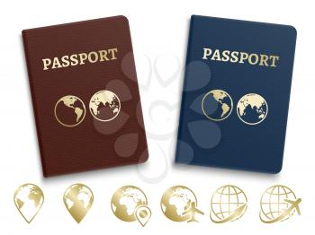 Passports international ID and golden navigation and travel icons. Document legal official, vector national passport illustration