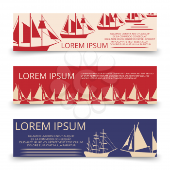 Sea horizonal banners template with sailboats. Template card travel. Vector illustration