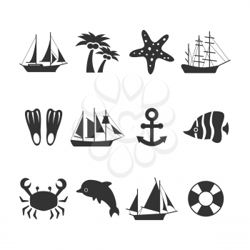 Summer sea vacation icons set. Summer elements and animals , anchor and dolphin, starfish. Vector illustration