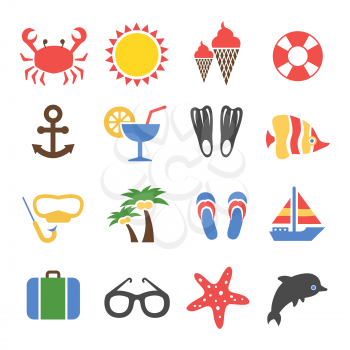 Summer vacation colorful icons set. Tourism and travel, cocktail and palm, vector illustration