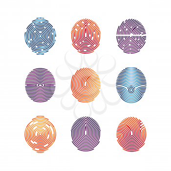 Colorful fingerprints icons - biometric info. Vector biometric fingermark illustration flat