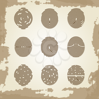 Fingerprint collection on grunge vintage backdrop. Security finger thumbprint, vector illustration