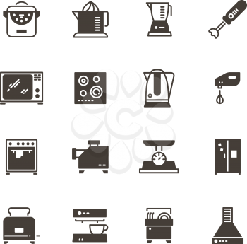 Kitchen appliances vector silhouette icons isolated. Kitchen equipment refrigerator and coffee machine, dishwasher and toaster illustration